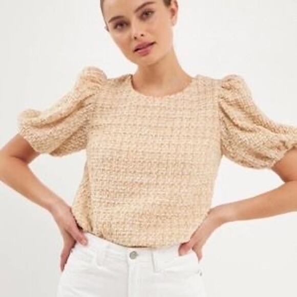 English Factory Tweed Puff Sleeve Top Cream Beige XS | Cottagecore Chic - Picture 1 of 8